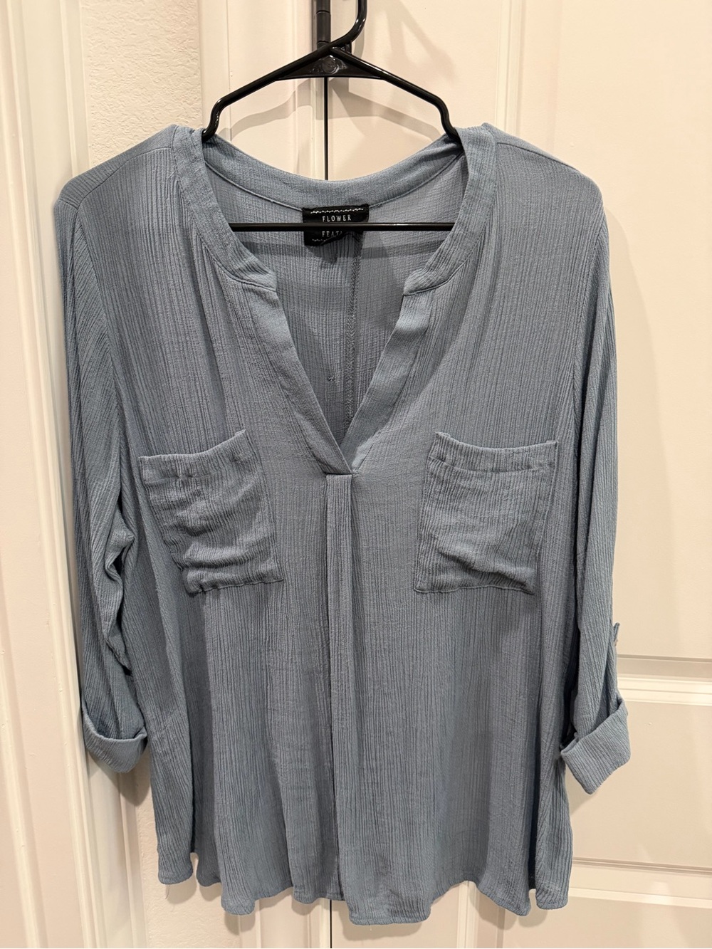 FLOWER Soft Slate Blue V-Neck Pocket Blouse